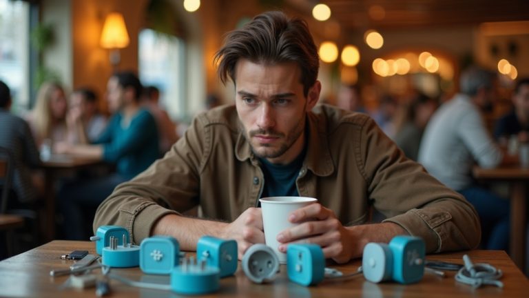 A young traveler thoughtfully examines several international adapters on a cozy café table, considering which one suits their trip best.
