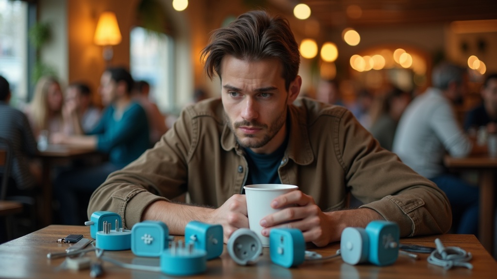 A young traveler thoughtfully examines several international adapters on a cozy café table, considering which one suits their trip best.