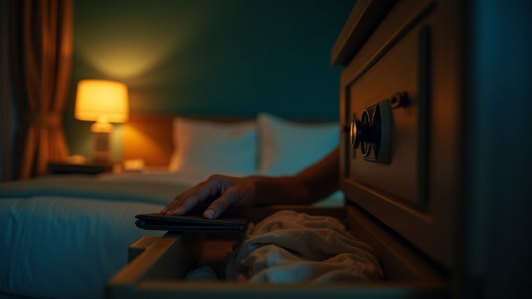 A traveler in a warmly lit hotel room places a wallet into a drawer, with a hotel safe subtly visible in the background, highlighting careful handling of personal items.