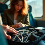 Traveler sorting cables and devices into a multi-pocket tech bag on a train bench with sunlight and vivid color tones.