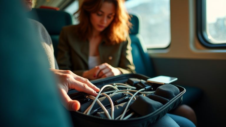 Traveler sorting cables and devices into a multi-pocket tech bag on a train bench with sunlight and vivid color tones.