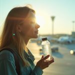 Traveler splashing water on face in an airport terminal, illuminated by afternoon sunlight, capturing a serene moment between flights.
