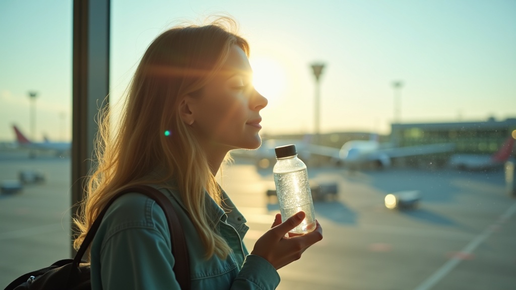 Traveler splashing water on face in an airport terminal, illuminated by afternoon sunlight, capturing a serene moment between flights.