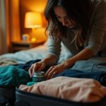 Traveler concentrating on neatly arranging a liquid container among clothes in a suitcase, emphasizing careful packing in a warmly lit bedroom.