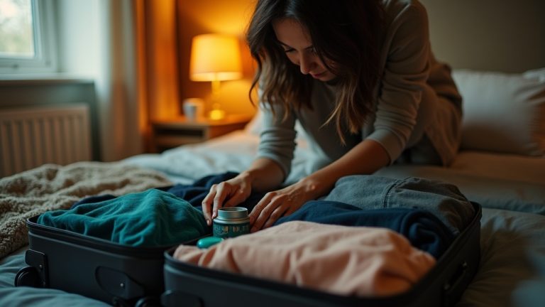 Traveler concentrating on neatly arranging a liquid container among clothes in a suitcase, emphasizing careful packing in a warmly lit bedroom.