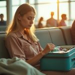 Young traveler in an airport lounge packing reusable and biodegradable travel items into a small carry-on amid a busy crowd and warm natural light.