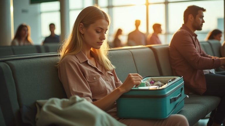 Young traveler in an airport lounge packing reusable and biodegradable travel items into a small carry-on amid a busy crowd and warm natural light.