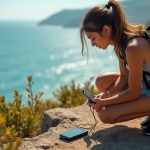 A traveler kneels on a cliffside, using a compact solar charger for their phone, with the ocean and sunlit landscape behind them.