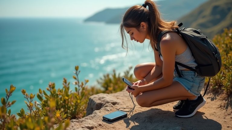 A traveler kneels on a cliffside, using a compact solar charger for their phone, with the ocean and sunlit landscape behind them.