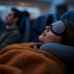 Traveler relaxing in a cozy airplane seat with a sleep mask and travel pillow, surrounded by soft lighting and a warm blanket amid a busy cabin.