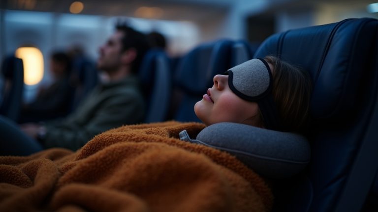 Traveler relaxing in a cozy airplane seat with a sleep mask and travel pillow, surrounded by soft lighting and a warm blanket amid a busy cabin.