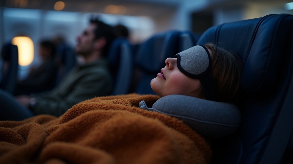Traveler relaxing in a cozy airplane seat with a sleep mask and travel pillow, surrounded by soft lighting and a warm blanket amid a busy cabin.