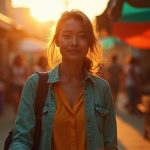 Traveler in a lively market at sunset keeping a hand on a secure bag, highlighting alertness and the importance of practical travel security.