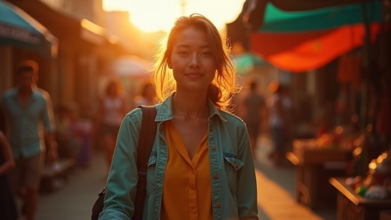 Traveler in a lively market at sunset keeping a hand on a secure bag, highlighting alertness and the importance of practical travel security.