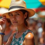 Traveler adjusting a unique sun hat amid vibrant textiles at a sunlit tropical market, reflecting adaptation to intense heat and lively surroundings