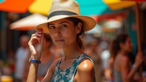 Traveler adjusting a unique sun hat amid vibrant textiles at a sunlit tropical market, reflecting adaptation to intense heat and lively surroundings
