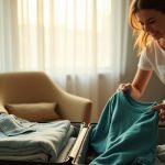 Traveler in a sunlit hotel room carefully unpacks neatly folded clothes from a suitcase, ensuring garments stay smooth and organized.