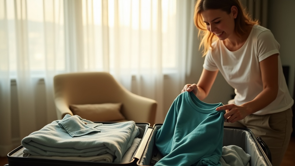 Traveler in a sunlit hotel room carefully unpacks neatly folded clothes from a suitcase, ensuring garments stay smooth and organized.