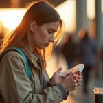 A young adult uses wet wipes on their hands at a busy bus terminal, highlighting resourceful hygiene during travel.