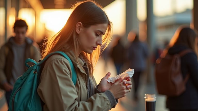 A young adult uses wet wipes on their hands at a busy bus terminal, highlighting resourceful hygiene during travel.