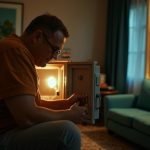 A traveler checks a partially open hotel safe in a warmly lit room, with valuables and travel bags visible, highlighting attention to security.