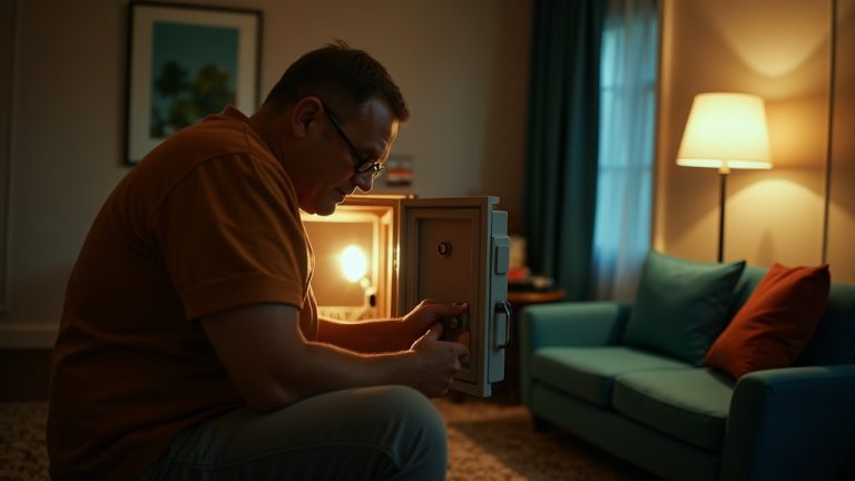 A traveler checks a partially open hotel safe in a warmly lit room, with valuables and travel bags visible, highlighting attention to security.