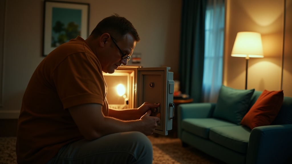 A traveler checks a partially open hotel safe in a warmly lit room, with valuables and travel bags visible, highlighting attention to security.