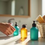 Traveler arranging reusable toiletry containers on a hotel bathroom counter with overflowing single-use plastics in a nearby basket, natural light highlighting the scene.
