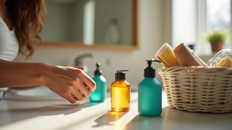 Traveler arranging reusable toiletry containers on a hotel bathroom counter with overflowing single-use plastics in a nearby basket, natural light highlighting the scene.