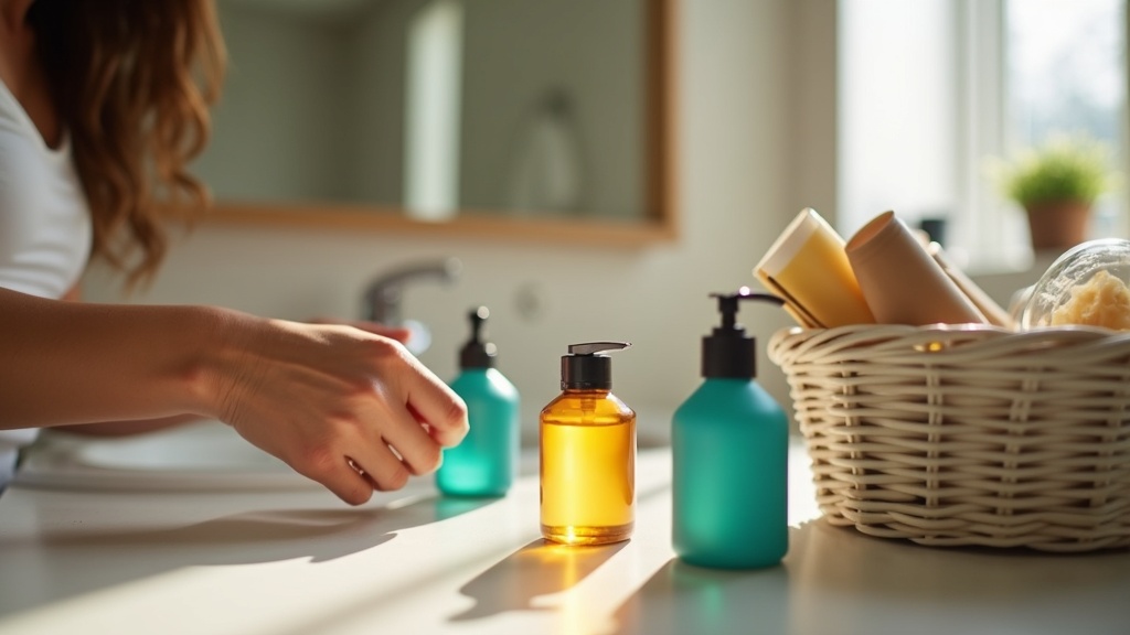 Traveler arranging reusable toiletry containers on a hotel bathroom counter with overflowing single-use plastics in a nearby basket, natural light highlighting the scene.