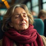 Traveler resting peacefully with a burgundy scarf and pillow on a bustling daytime bus, surrounded by sunlit seats and blurred passengers.
