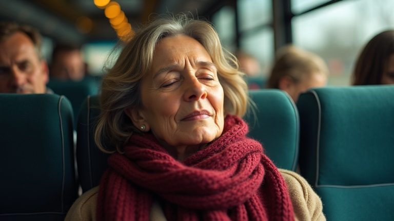 Traveler resting peacefully with a burgundy scarf and pillow on a bustling daytime bus, surrounded by sunlit seats and blurred passengers.
