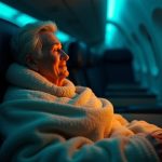 Traveler adjusting a cozy blanket and neck pillow in a softly lit airplane seat at night, surrounded by personal comfort items.