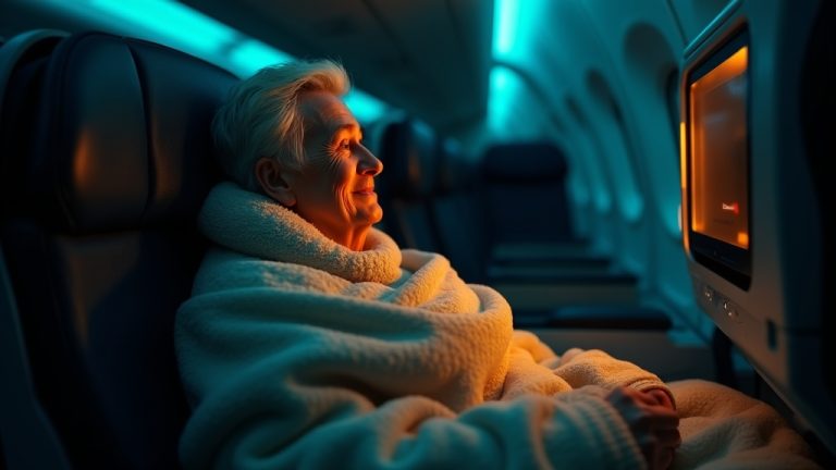 Traveler adjusting a cozy blanket and neck pillow in a softly lit airplane seat at night, surrounded by personal comfort items.