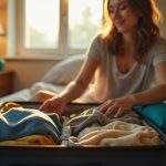 Traveler deciding between using packing cubes or loose clothes in an open suitcase on a sunlit bedroom morning, reflecting packing choices and organization.