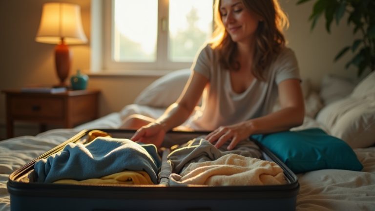 Traveler deciding between using packing cubes or loose clothes in an open suitcase on a sunlit bedroom morning, reflecting packing choices and organization.