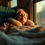 A peaceful traveler rests with eyes closed on a train, leaning against a window with a travel pillow and a folded blanket nearby, bathed in soft amber light.