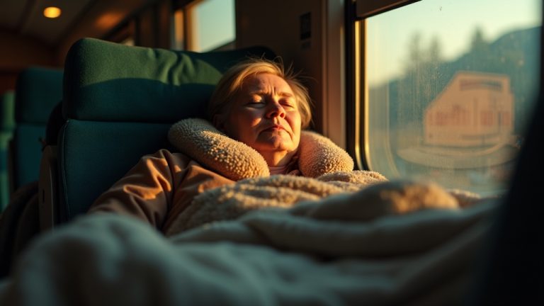 A peaceful traveler rests with eyes closed on a train, leaning against a window with a travel pillow and a folded blanket nearby, bathed in soft amber light.