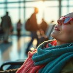 Traveler reclining with a scarf over their eyes and earbuds in, relaxing on an airport bench during a busy mid-layover afternoon as sunlight streams through large windows.