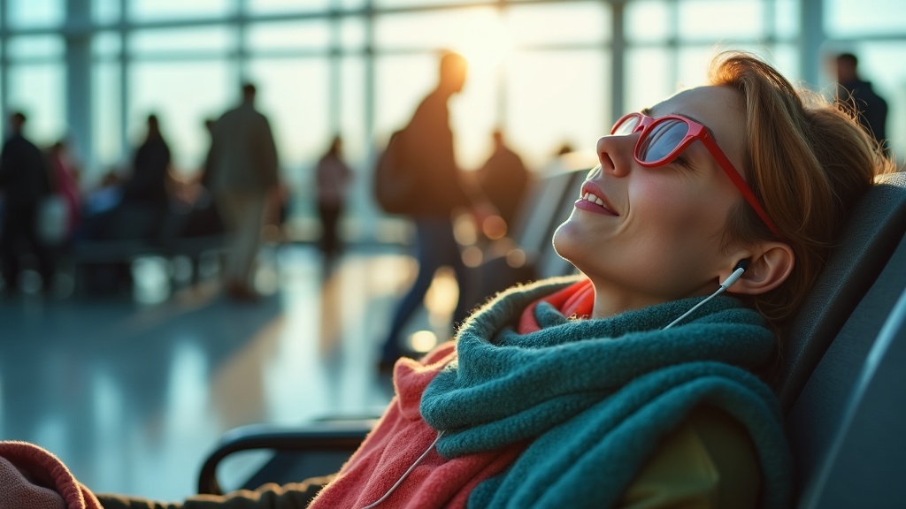 Traveler reclining with a scarf over their eyes and earbuds in, relaxing on an airport bench during a busy mid-layover afternoon as sunlight streams through large windows.