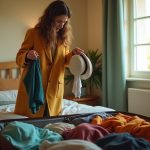 A traveler thoughtfully choosing between a raincoat and sun hat over an overflowing suitcase, highlighting the challenges of packing for unpredictable weather.