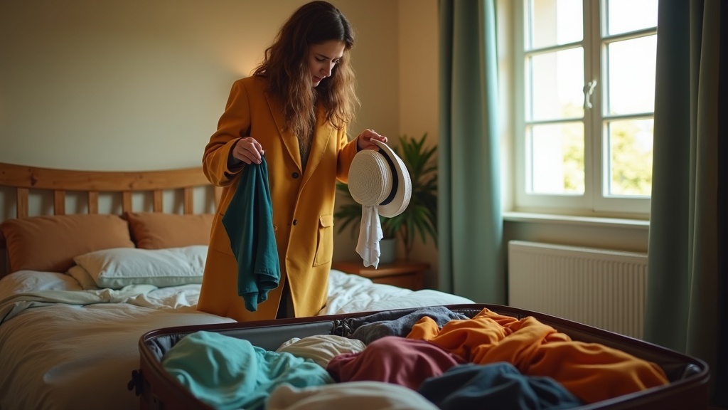 A traveler thoughtfully choosing between a raincoat and sun hat over an overflowing suitcase, highlighting the challenges of packing for unpredictable weather.