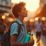 A young traveler at an outdoor market thoughtfully examines a selection of water bottles, surrounded by vibrant lights and blurred crowds during golden hour.