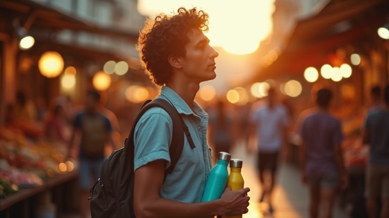 A young traveler at an outdoor market thoughtfully examines a selection of water bottles, surrounded by vibrant lights and blurred crowds during golden hour.