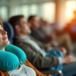 Traveler resting on a teal neck pillow in an airport terminal, surrounded by other travelers and afternoon light, highlighting comfort differences.