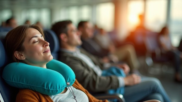 Traveler resting on a teal neck pillow in an airport terminal, surrounded by other travelers and afternoon light, highlighting comfort differences.