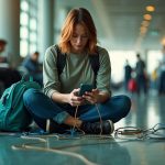 Traveler in a busy airport terminal focused on connecting multiple devices amid a tangle of charging cables and electronics on the floor.