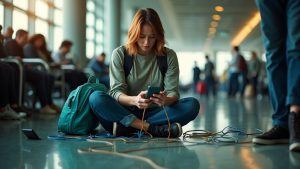 Traveler in a busy airport terminal focused on connecting multiple devices amid a tangle of charging cables and electronics on the floor.