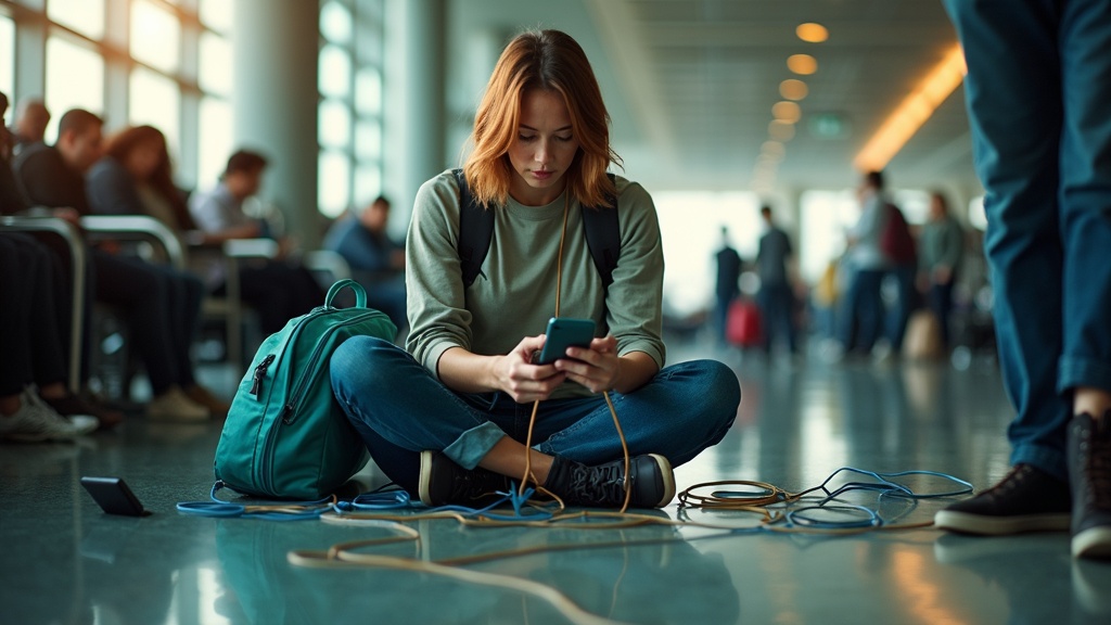 Traveler in a busy airport terminal focused on connecting multiple devices amid a tangle of charging cables and electronics on the floor.