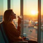 Traveler by an airport window using a travel kit to refresh their face during sunset, with airport lights and planes in the softly blurred background.